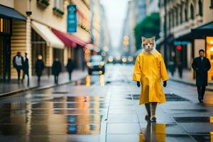 a fox in a raincoat walking down a street. AI-Generated photo