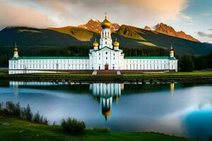 the white church in the mountains with a lake and mountains in the background. AI-Generated photo