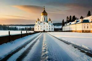 a snowy road leads to a church in the middle of a field. AI-Generated photo