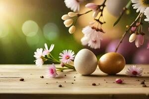 easter eggs and flowers on a wooden table. AI-Generated photo