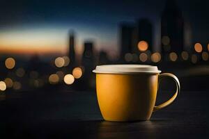 a coffee cup sits on a table in front of a cityscape. AI-Generated photo