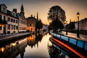 a boat is sailing down a canal at sunset. AI-Generated photo