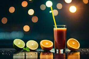 a glass of juice with oranges and lime slices. AI-Generated photo