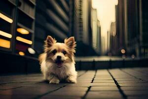 un pequeño perro es caminando en un ciudad calle. generado por ai foto