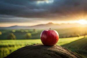 un rojo manzana en un tocón en el medio de un campo. generado por ai foto