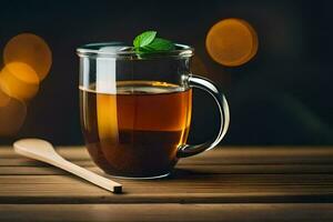 a glass cup of tea with a wooden spoon on a wooden table. AI-Generated photo