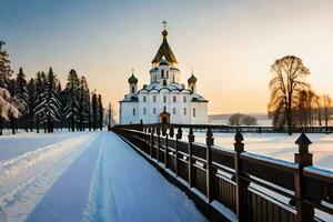 a church in the snow with a fence and trees. AI-Generated photo