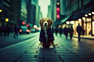 un perro vistiendo un chaqueta se sienta en el calle. generado por ai foto