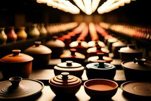 a row of pots and bowls in a dark room. AI-Generated photo