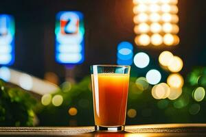 a glass of orange juice on a table in front of a cityscape. AI-Generated photo