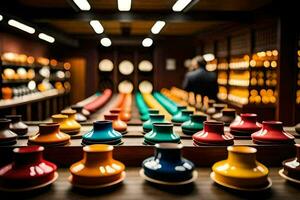 a row of colorful vases on a wooden shelf. AI-Generated photo