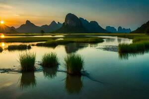 the li river, mountains, water, the sky, the sun, the mountains, the sky. AI-Generated photo