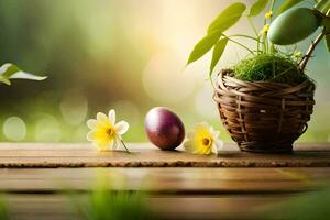 easter eggs in basket on wooden table. AI-Generated photo