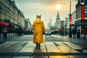 un zorro en un amarillo impermeable caminando abajo un calle. generado por ai foto