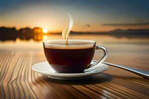 a cup of coffee on a wooden table with a sunset in the background. AI-Generated photo