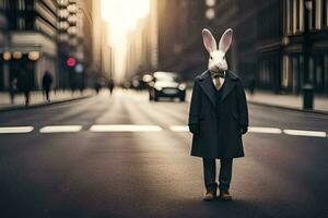 a rabbit wearing a suit and tie standing in the middle of a city street. AI-Generated photo