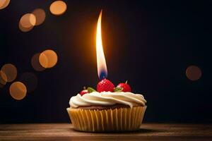 a cupcake with a single candle on top. AI-Generated photo