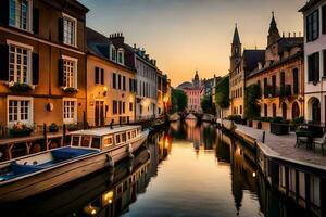 a canal in a city at sunset with boats. AI-Generated photo