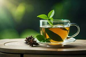 a cup of green tea with anise and mint on a wooden table. AI-Generated photo