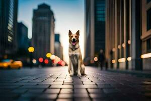 un perro sentado en el acera en el ciudad. generado por ai foto