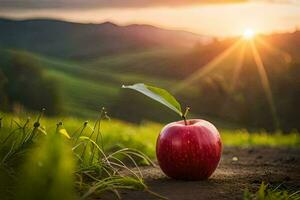 a red apple on a field with the sun setting. AI-Generated photo