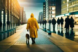 a person in a yellow raincoat walking down a street with a dog. AI-Generated photo