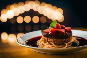 a plate with spaghetti and meat on top of a table. AI-Generated photo