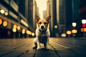 a dog sitting on the street in a city. AI-Generated photo