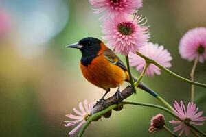 un pájaro es encaramado en un rama con rosado flores generado por ai foto