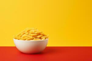 Plate with pasta on a yellow-red background. Generative Ai photo