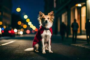 a dog wearing a red coat on the street at night. AI-Generated photo