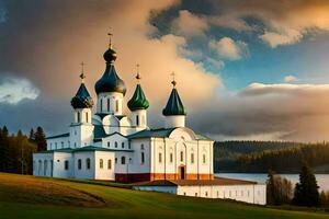 a church on a hill with green domes. AI-Generated photo