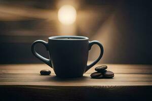 coffee cup on a wooden table with coffee beans. AI-Generated photo