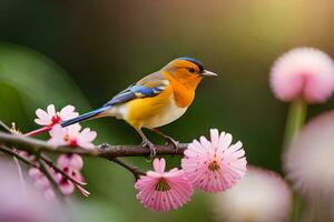 a small bird is perched on a branch with pink flowers. AI-Generated photo