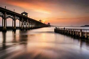 a long exposure photograph of a pier at sunset. AI-Generated photo