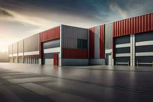 a large industrial building with red and white doors. AI-Generated photo