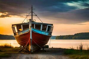 a boat sits on the shore at sunset. AI-Generated photo