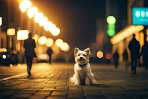 a small white dog sitting on the sidewalk at night. AI-Generated photo