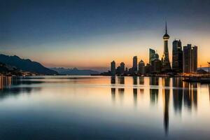 the city skyline at sunset in shanghai. AI-Generated photo