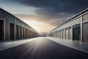 a long empty road with two storage buildings. AI-Generated photo