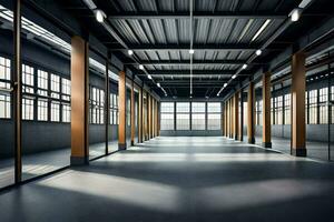 an empty warehouse with large windows and concrete floors. AI-Generated photo