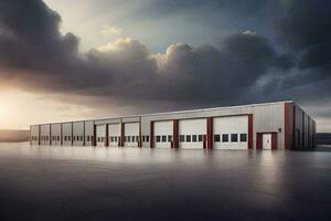 a large industrial building with a cloudy sky. AI-Generated photo