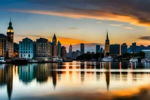 el ciudad horizonte es reflejado en el agua a puesta de sol. generado por ai foto