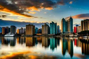 el ciudad horizonte es reflejado en el agua a puesta de sol. generado por ai foto