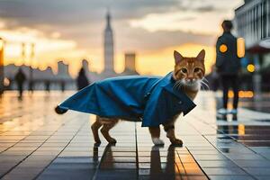 a cat wearing a raincoat on a city street. AI-Generated photo