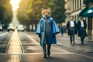 un gato vistiendo un azul Saco y un sombrero camina abajo el calle. generado por ai foto