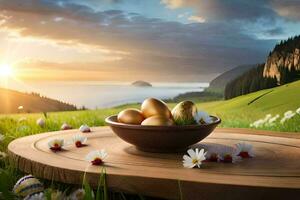 easter eggs in a bowl on a table in the middle of a field. AI-Generated photo