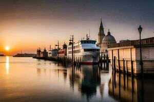 a boat is docked at the dock at sunset. AI-Generated photo