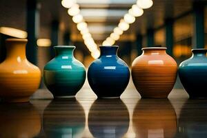 five colorful vases on a wooden floor. AI-Generated photo