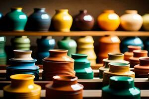 colorful vases are on display in a shop. AI-Generated photo